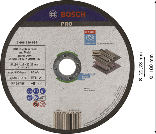 Disco de corte Bosch PRO para acero inoxidable y metal de 180 mm.